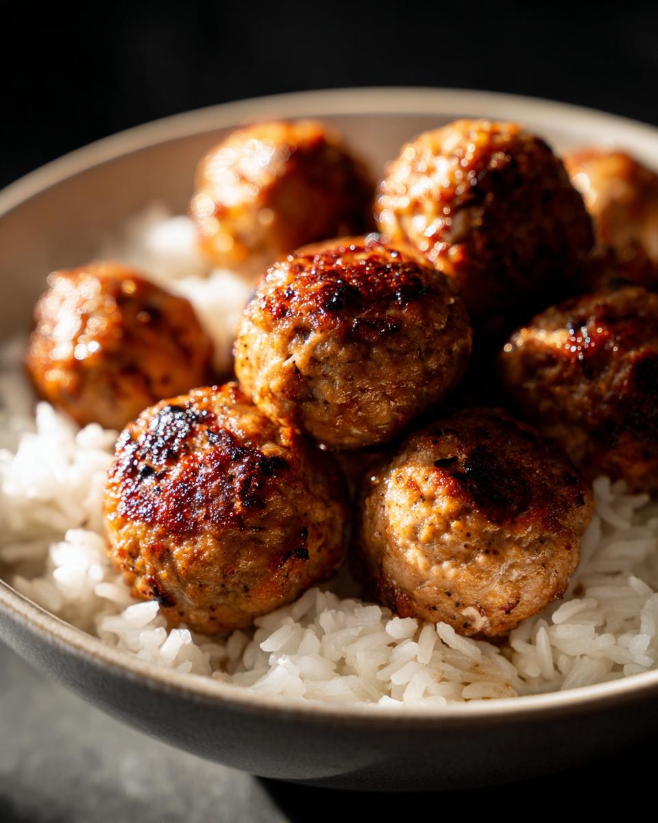 Close-up of perfectly seared meatballs served over fluffy white rice in a dark bowl.