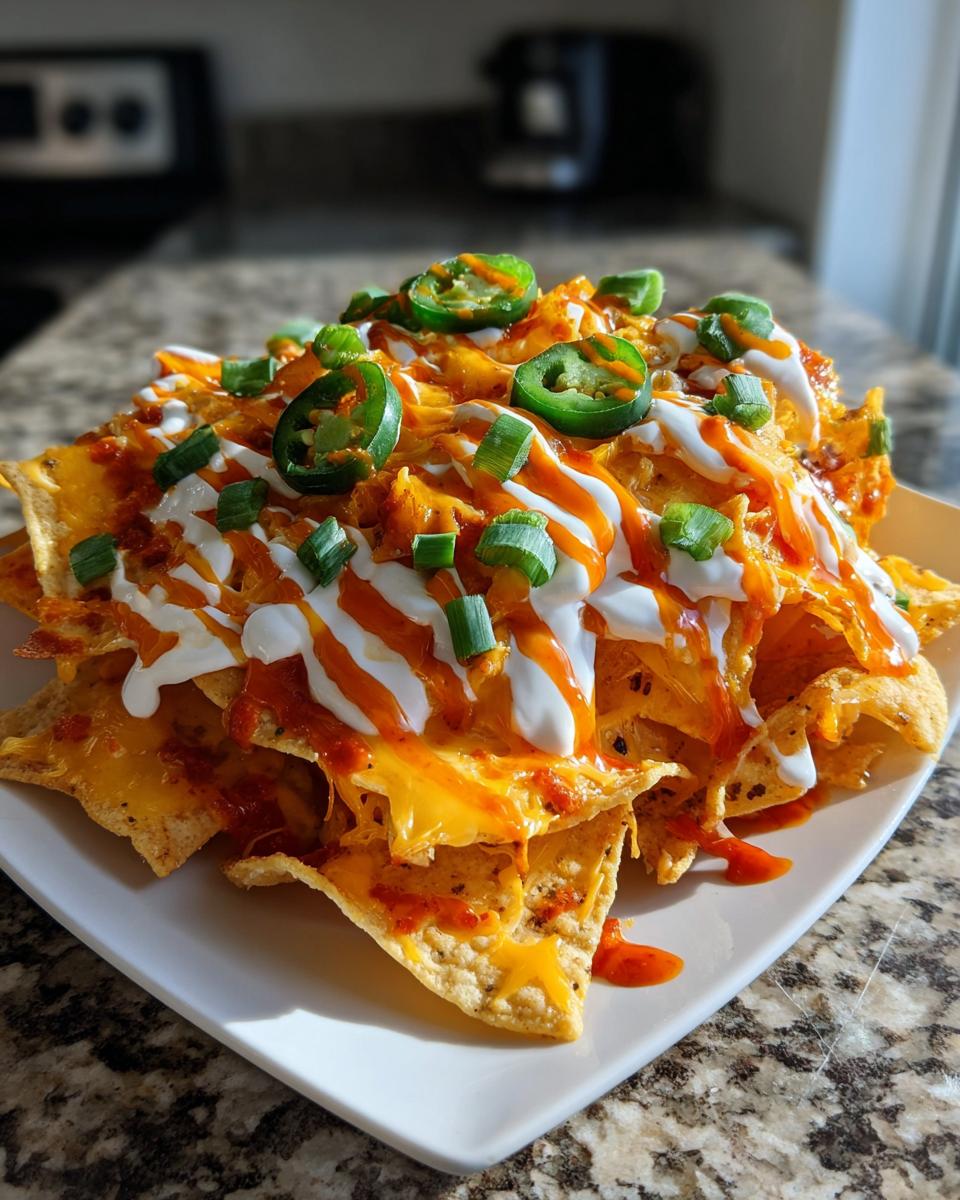 A plate piled high with Meatless Buffalo Ranch Kettle Chip Nachos, drizzled with sauce and sour cream, and topped with jalape&ntilde;os and green onions.