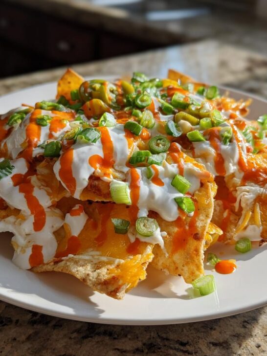 A plate piled high with Meatless Buffalo Ranch Kettle Chip Nachos, topped with melted cheese, sour cream, and green onions.
