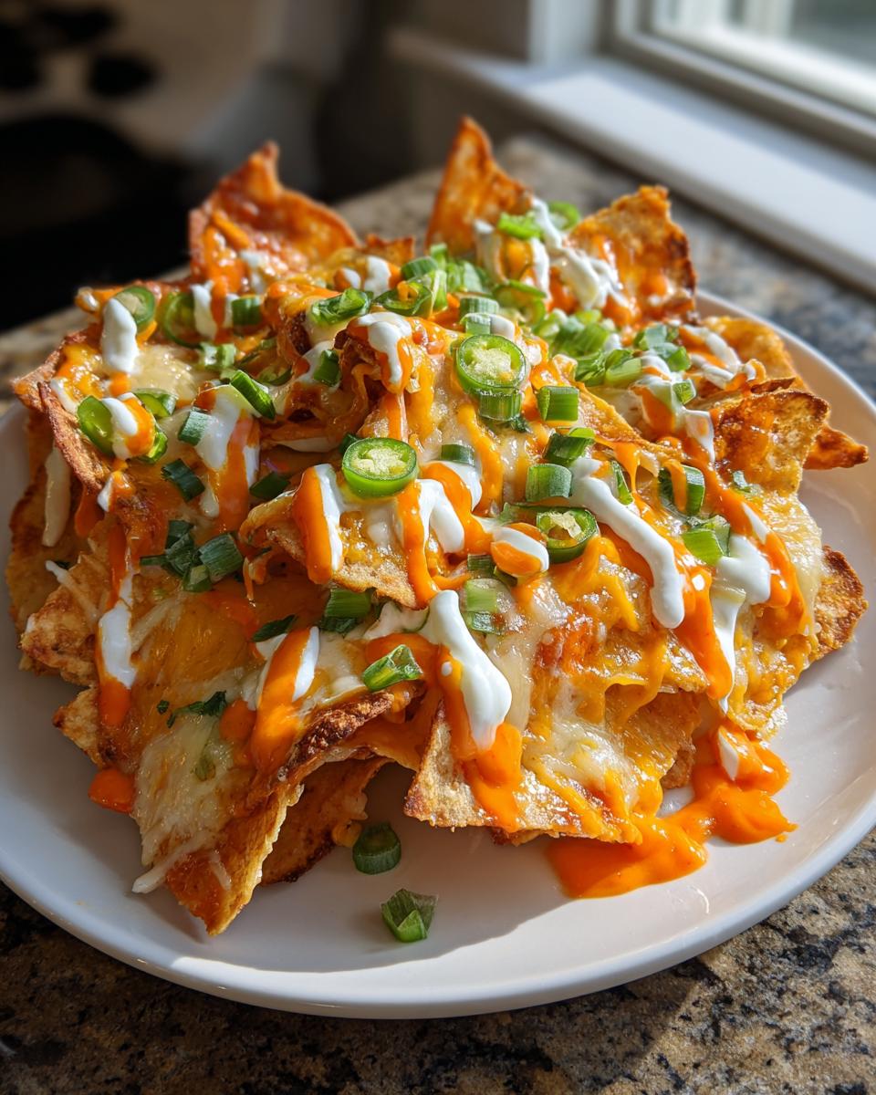 A plate piled high with Meatless Buffalo Ranch Kettle Chip Nachos, topped with melted cheese, orange sauce, sour cream, and jalape&ntilde;os.