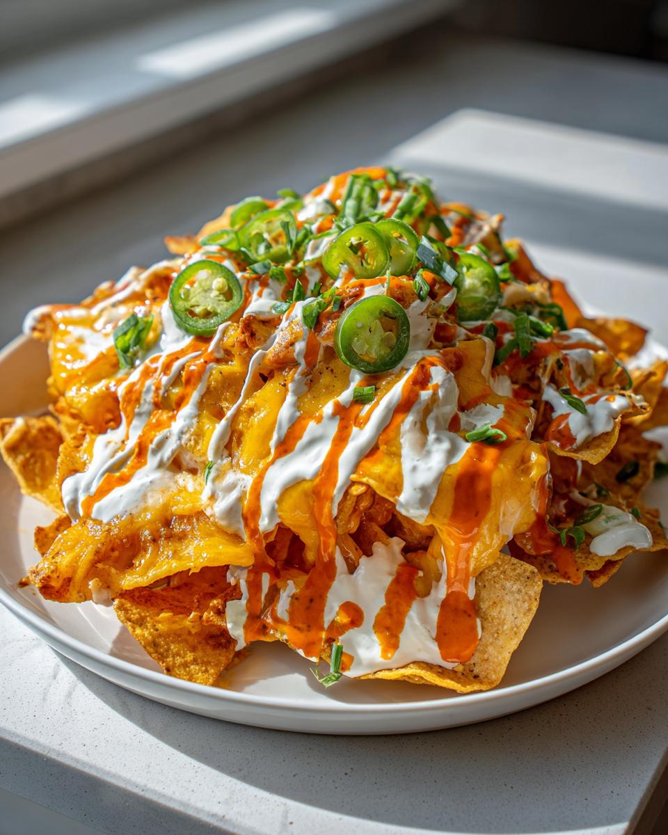 A plate piled high with Meatless Buffalo Ranch Kettle Chip Nachos, drizzled with ranch and buffalo sauce, topped with jalape&ntilde;os.