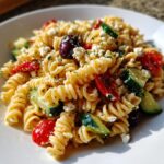 A close-up shot of a serving of Mediterranean Pasta Salad featuring rotini pasta, cucumber chunks, cherry tomatoes, feta cheese, and Kalamata olives.