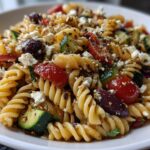 A close-up view of a vibrant Mediterranean Pasta Salad featuring rotini pasta, cherry tomatoes, zucchini, Kalamata olives, and crumbled feta cheese.