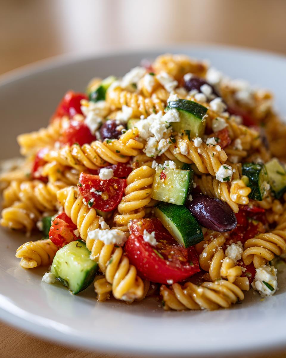 A close-up shot of a serving of Mediterranean Pasta Salad featuring rotini pasta, chopped cucumbers, tomatoes, olives, and crumbled feta cheese.