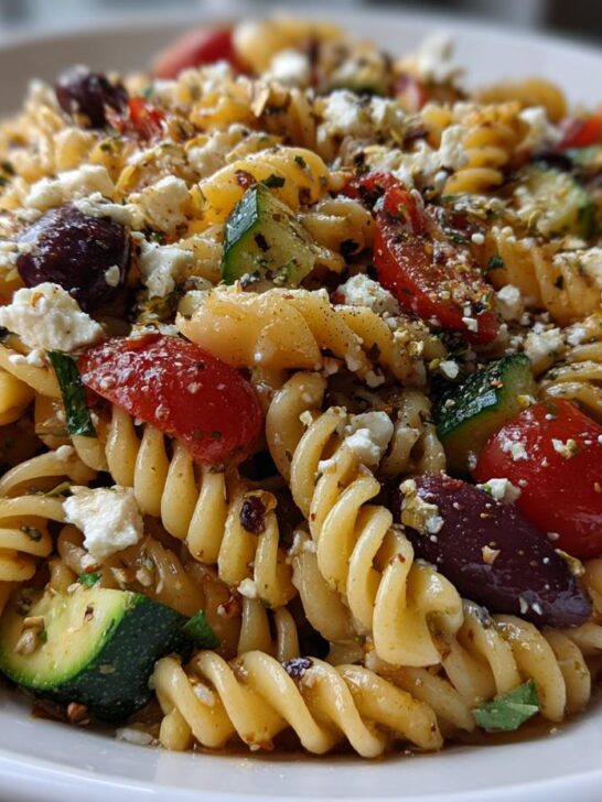 A close-up view of a vibrant Mediterranean Pasta Salad featuring rotini pasta, cherry tomatoes, zucchini, Kalamata olives, and crumbled feta cheese.