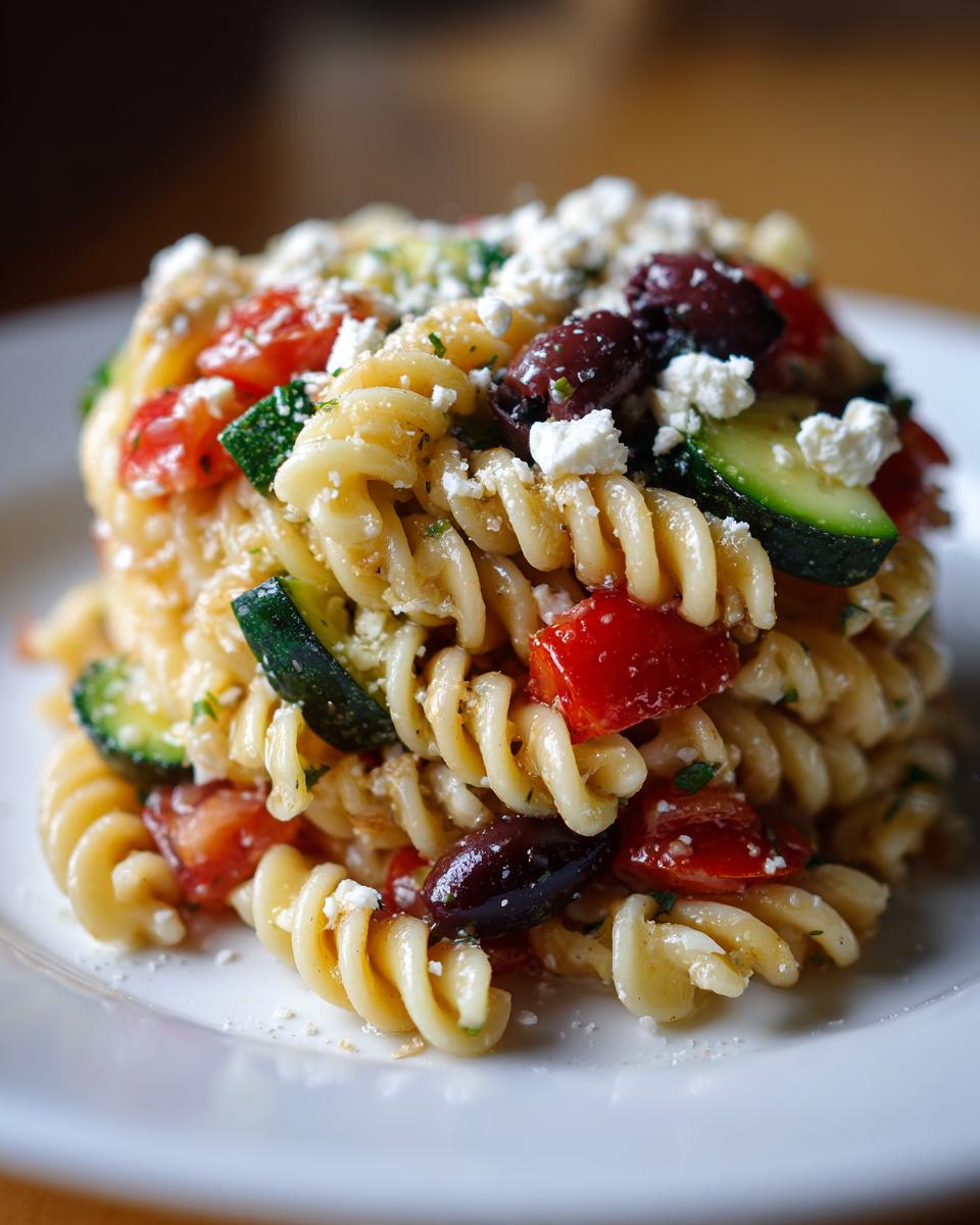 Close-up of a serving of Mediterranean Pasta Salad featuring fusilli, zucchini, tomatoes, Kalamata olives, and crumbled feta cheese.