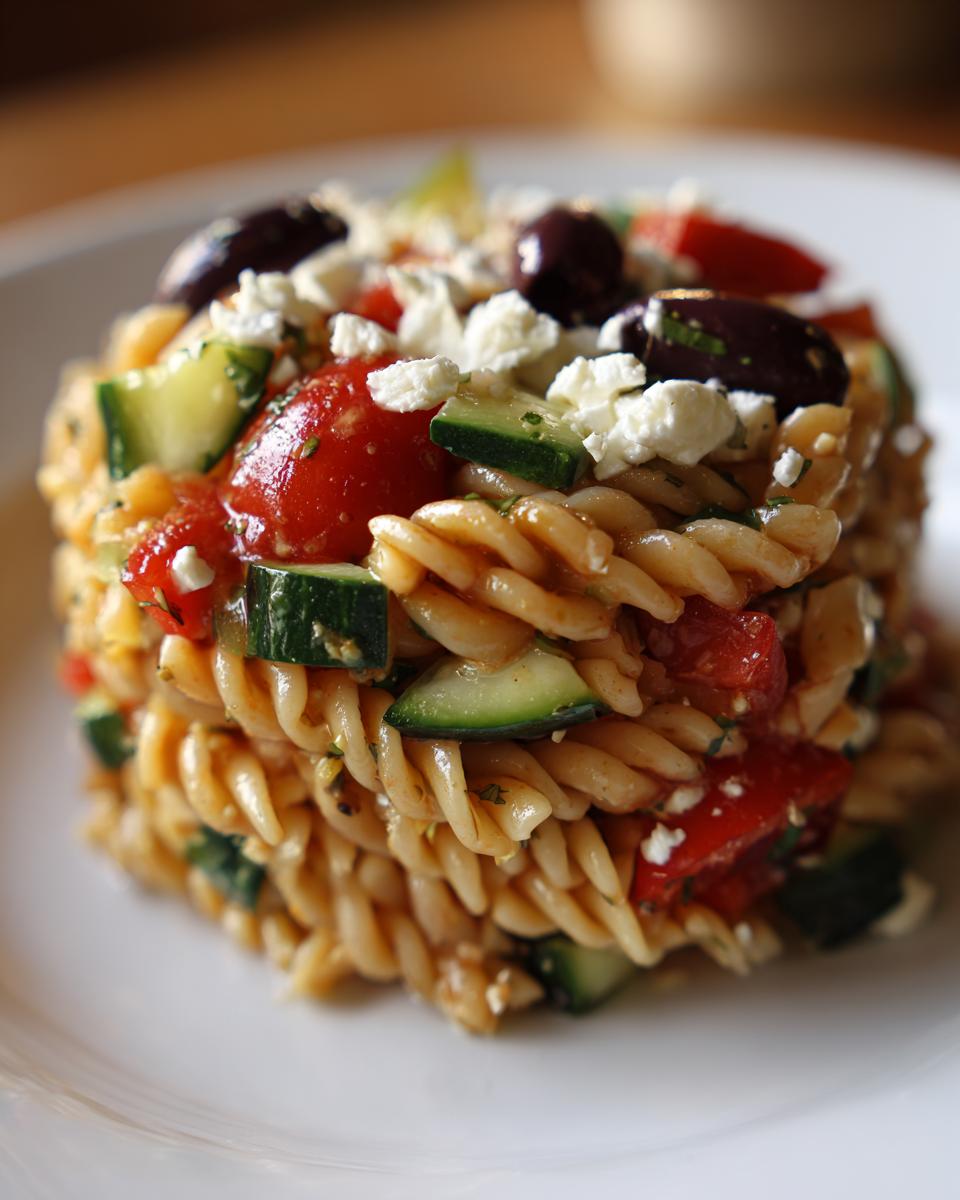 Close-up of a molded serving of Mediterranean Pasta Salad featuring fusilli pasta, cucumbers, tomatoes, olives, and feta cheese.