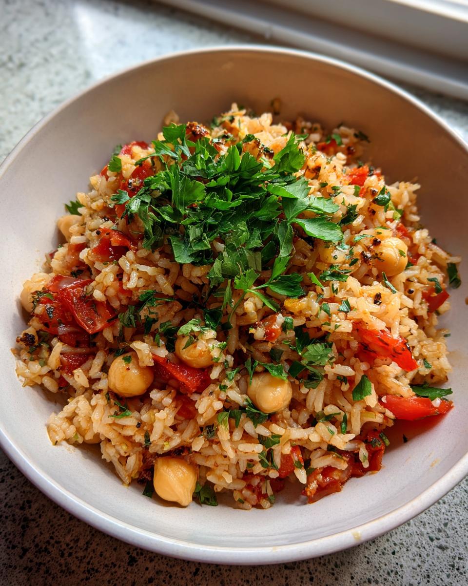 A close-up of a bowl filled with Mediterranean Rice And Beans, featuring rice, chickpeas, tomatoes, and topped with fresh parsley.