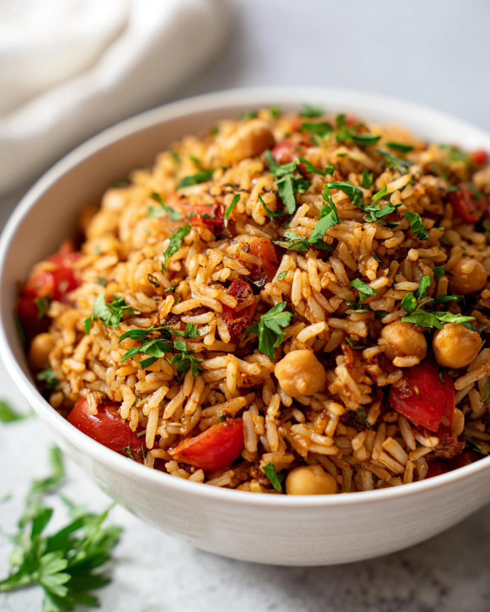 Close-up of a white bowl filled with flavorful Mediterranean Rice And Beans mixed with chickpeas and diced tomatoes, topped with fresh parsley.