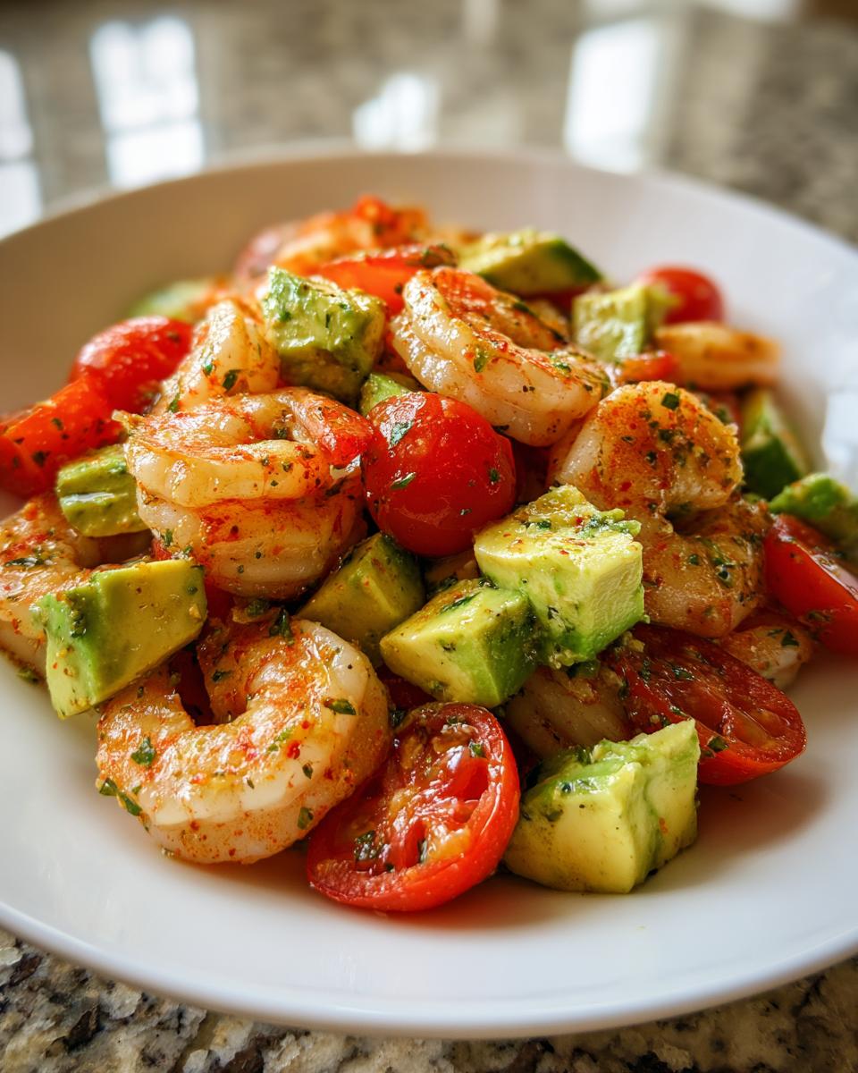 Close-up of seasoned shrimp, diced avocado, and halved cherry tomatoes in a Mediterranean Shrimp And Avocado Salad.