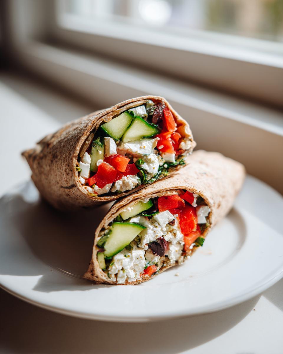 Two halves of a whole wheat Mediterranean Veggie Wraps filled with cucumber, tomato, feta, and olives, resting on a white plate.
