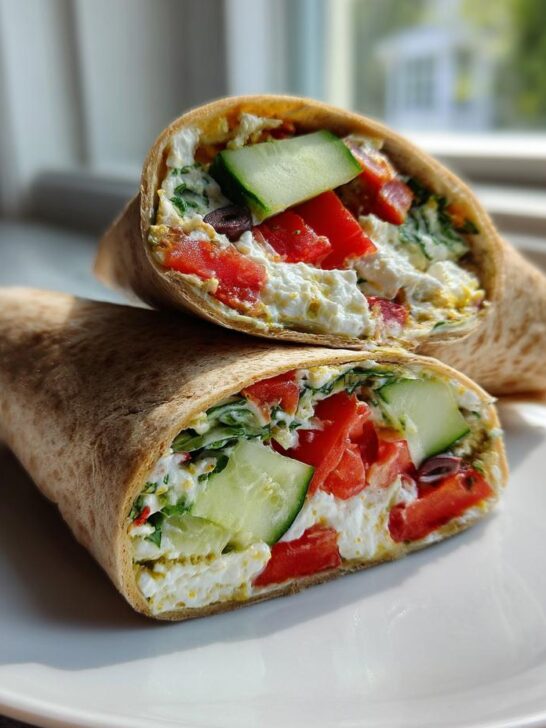 Two halves of a Mediterranean Veggie Wrap filled with feta, cucumber, and tomato, resting on a white plate.