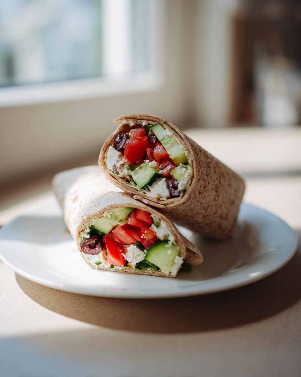 Two halves of a Mediterranean Veggie Wrap filled with cucumber, tomato, feta, and olives, resting on a white plate.