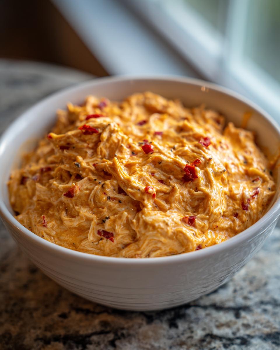 A close-up of creamy, orange-hued Mexican Style Chicken Queso Dip topped with red pepper pieces in a white bowl.