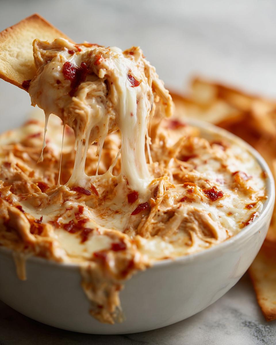 A chip pulling a stringy, cheesy scoop of Mexican Style Chicken Queso Dip from a white bowl.