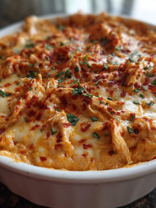 Close-up of hot, cheesy Mexican Style Chicken Queso Dip topped with spices and parsley in a white baking dish.