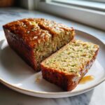 A loaf of moist Banana Zucchini Bread, partially sliced, featuring a shiny glaze and visible green shreds of zucchini.