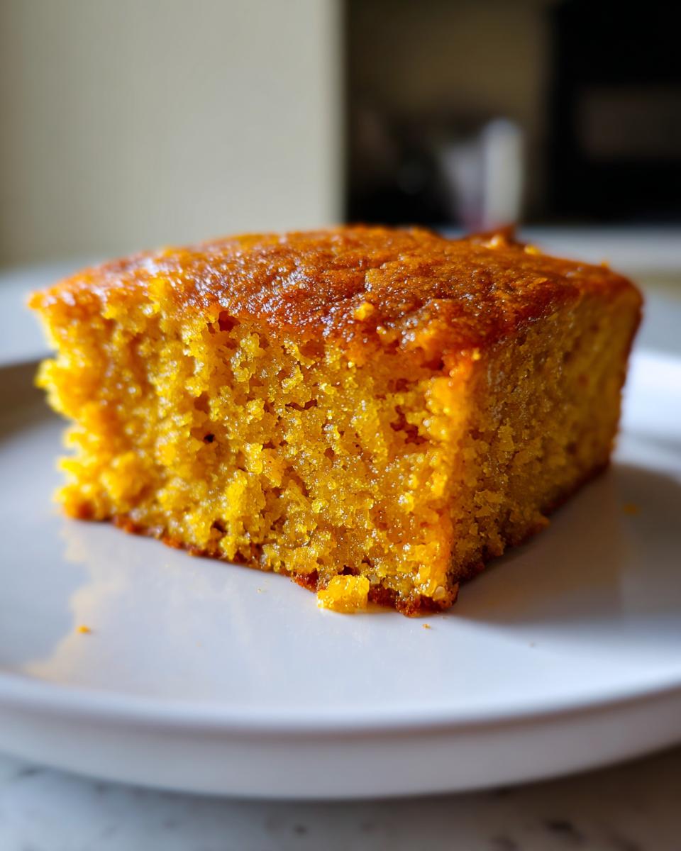 Close-up of a square slice of vibrant orange Sweet Potato Cornbread on a white plate.