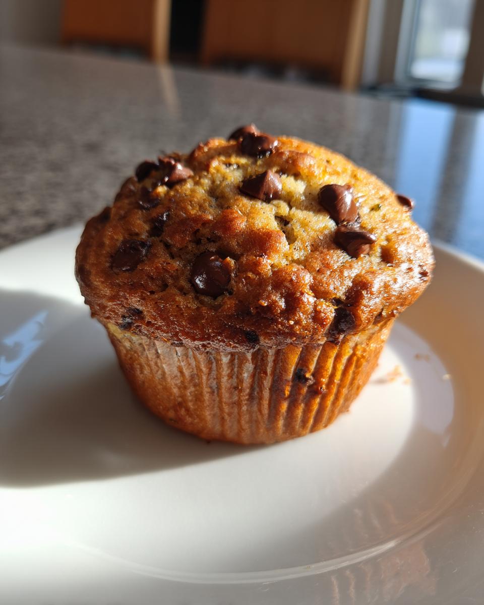 A single, perfectly baked Zucchini Chocolate Chip Muffin with a golden-brown top studded with melted chocolate chips, sitting on a white plate.