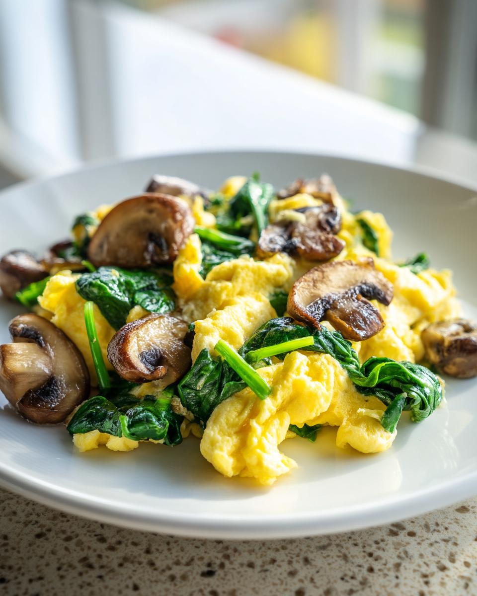 Close-up of fluffy Mushroom Spinach Scrambled Eggs served on a white plate near a bright window.