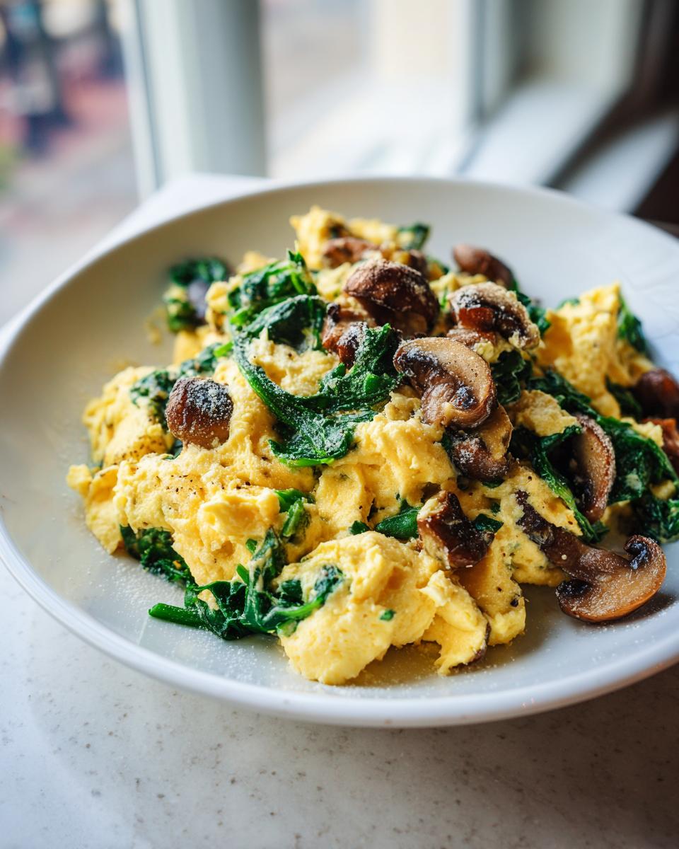 A close-up of fluffy Mushroom Spinach Scrambled Eggs served on a white plate near a bright window.