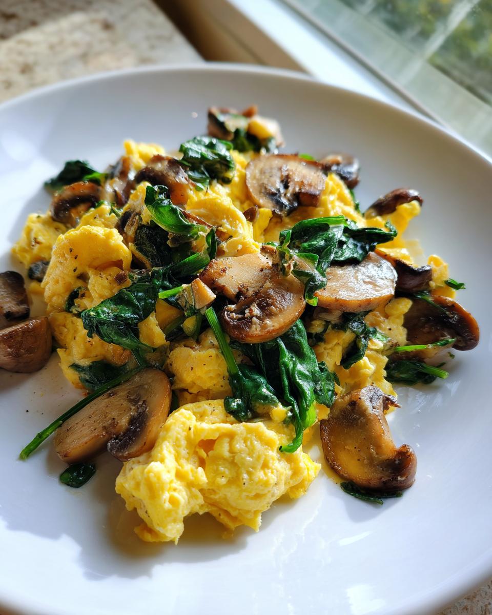 Fluffy yellow Mushroom Spinach Scrambled Eggs served on a bright white plate near a window.
