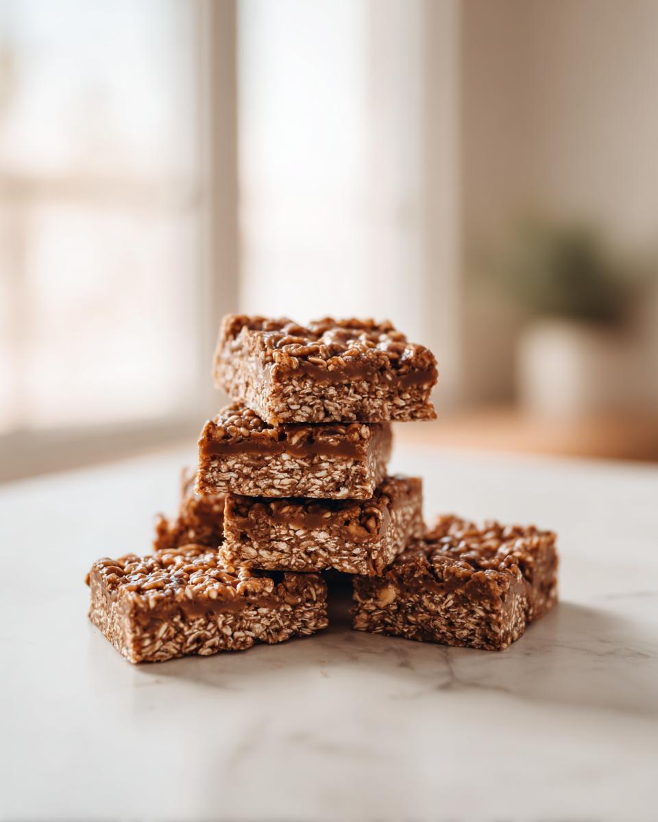 A stack of rich, chewy No Bake Peanut Butter Oatmeal Bars made with oats and peanut butter.