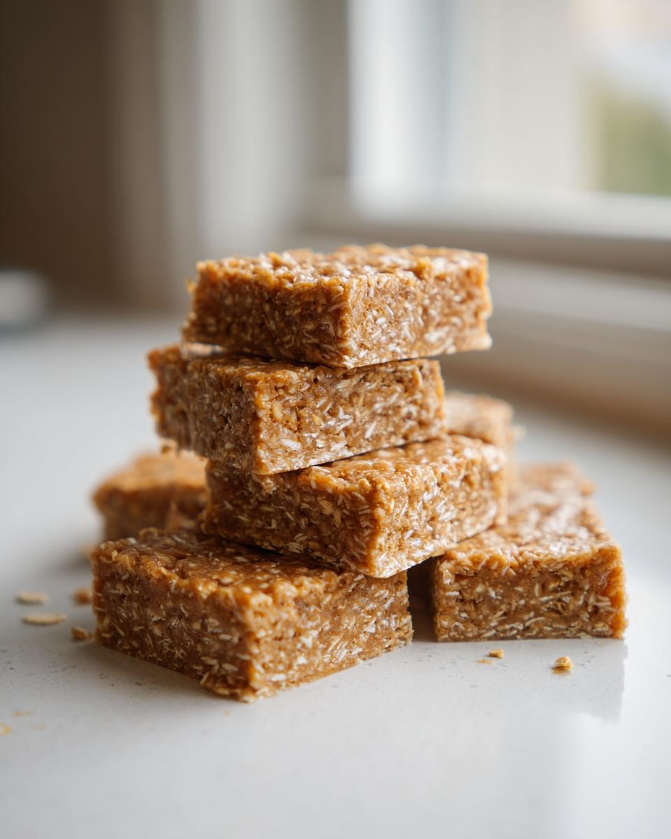 A close-up stack of chewy No Bake Peanut Butter Oatmeal Bars showing visible oats and peanut butter texture.