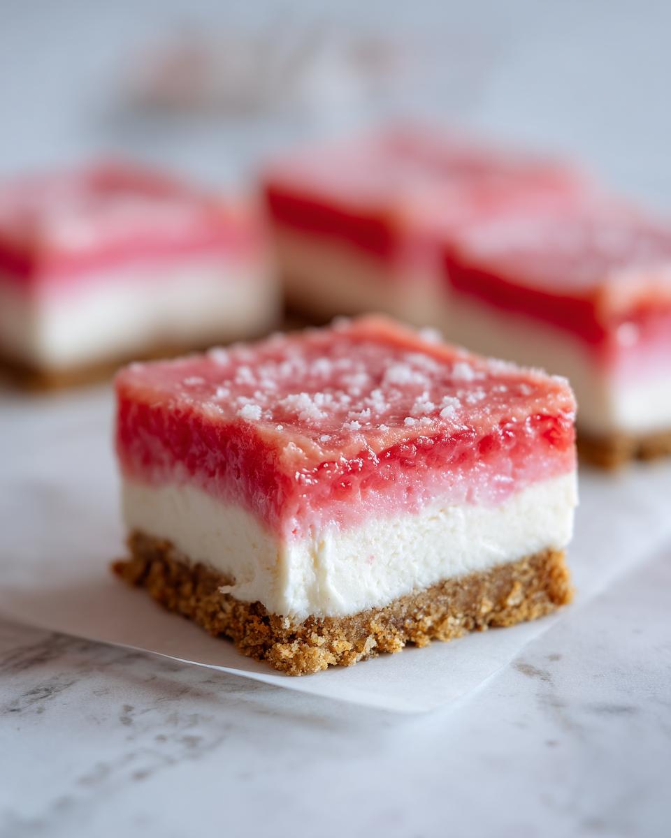 A single square of No Bake Rhubarb Cheesecake Squares showing graham cracker crust, creamy filling, and pink rhubarb topping.