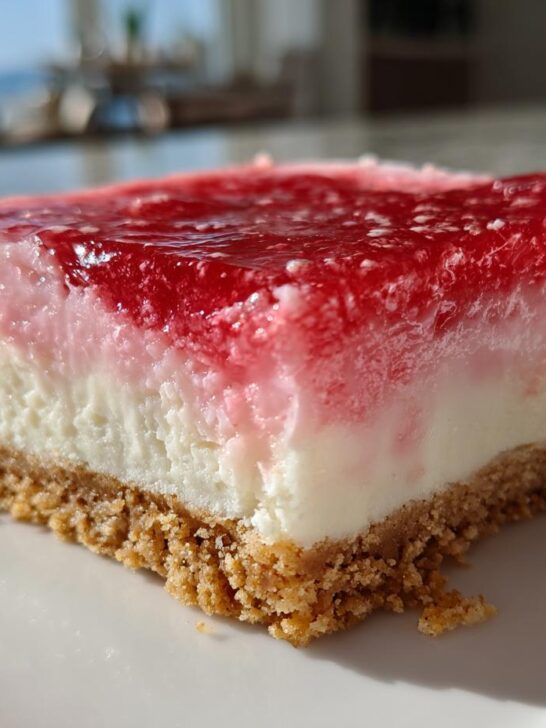A thick square of No Bake Rhubarb Cheesecake Squares with a graham cracker crust and bright red topping.