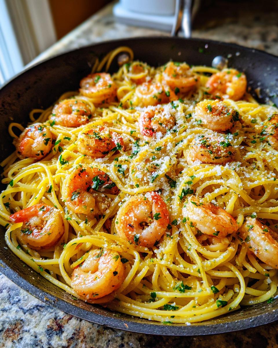 Close-up of One Pan Lemon Garlic Shrimp Pasta topped with Parmesan and parsley in a dark skillet.