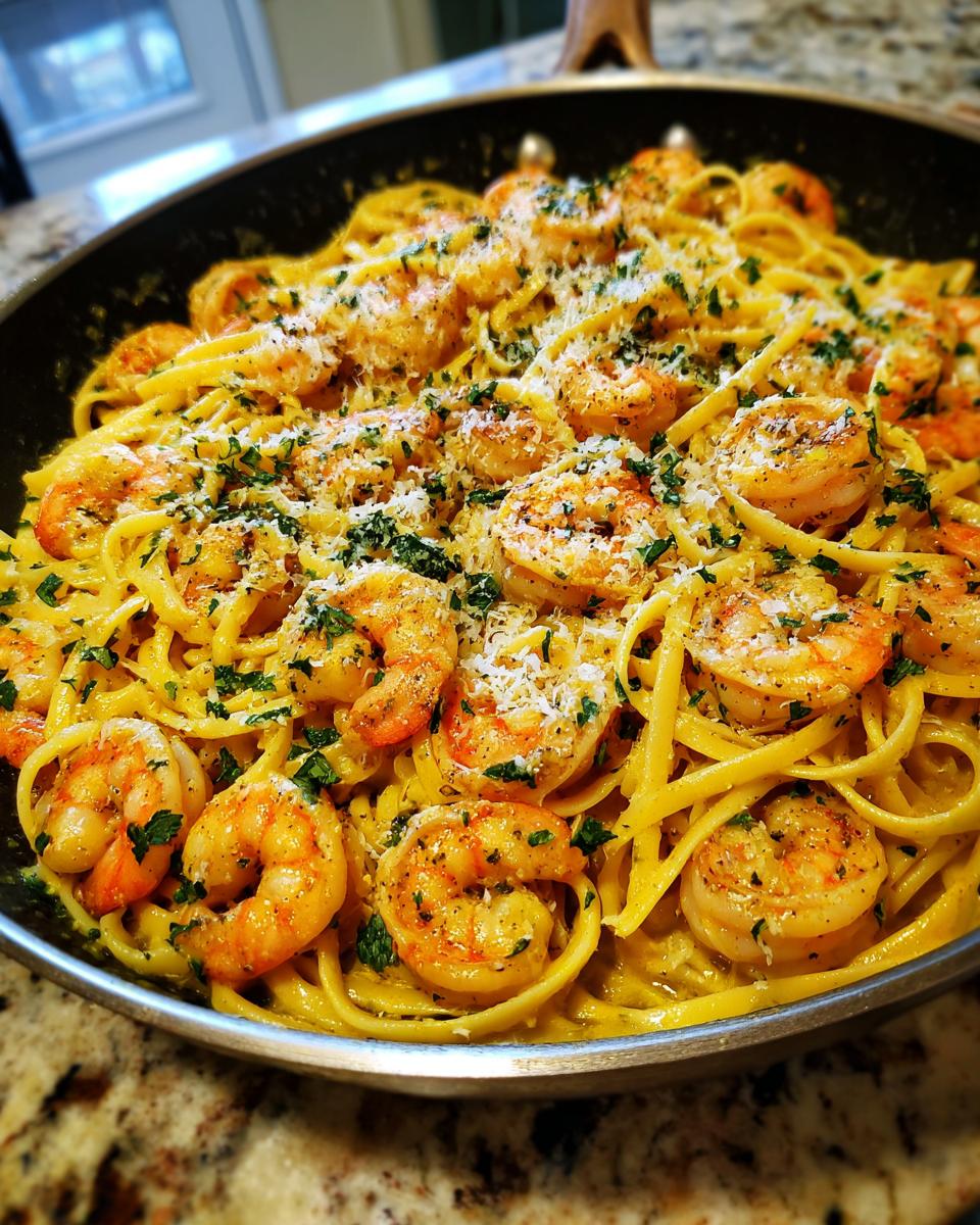 Close-up of One Pan Lemon Garlic Shrimp Pasta topped with parmesan and parsley in a black skillet.