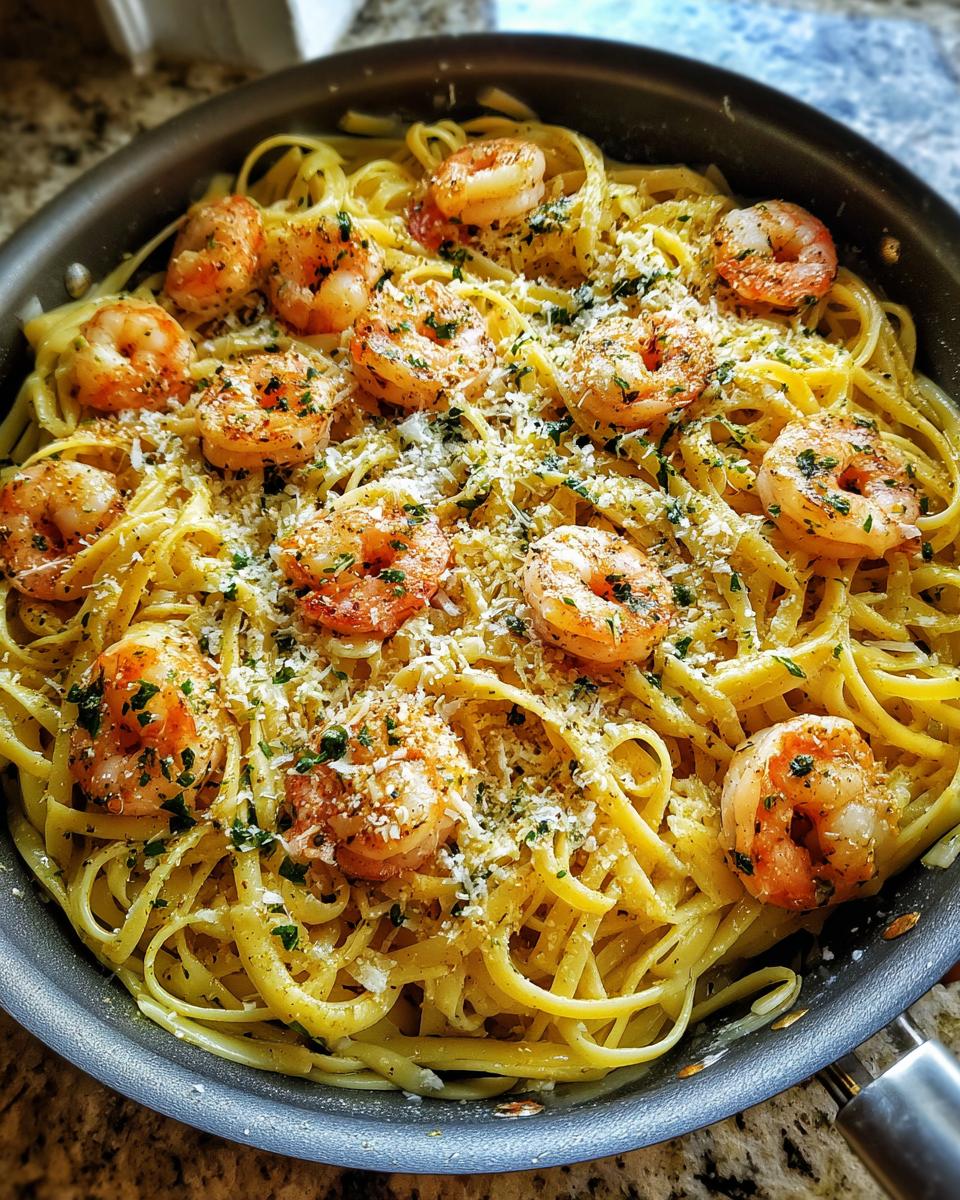Close-up of One Pan Lemon Garlic Shrimp Pasta topped with parmesan cheese and parsley in a skillet.