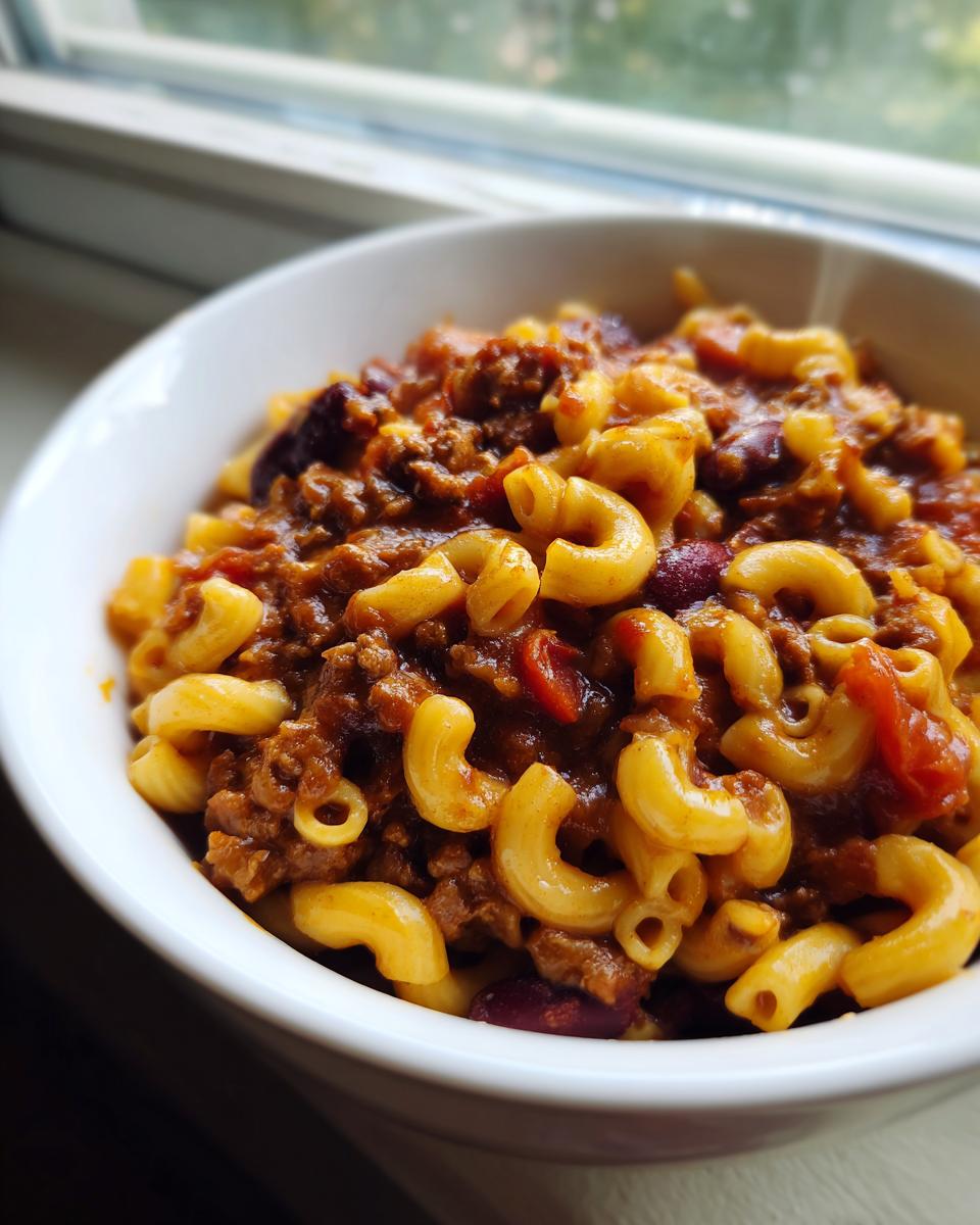 A close-up view of a white bowl filled with creamy One Pot Chili Mac And Cheese featuring elbow macaroni, ground meat, and kidney beans.