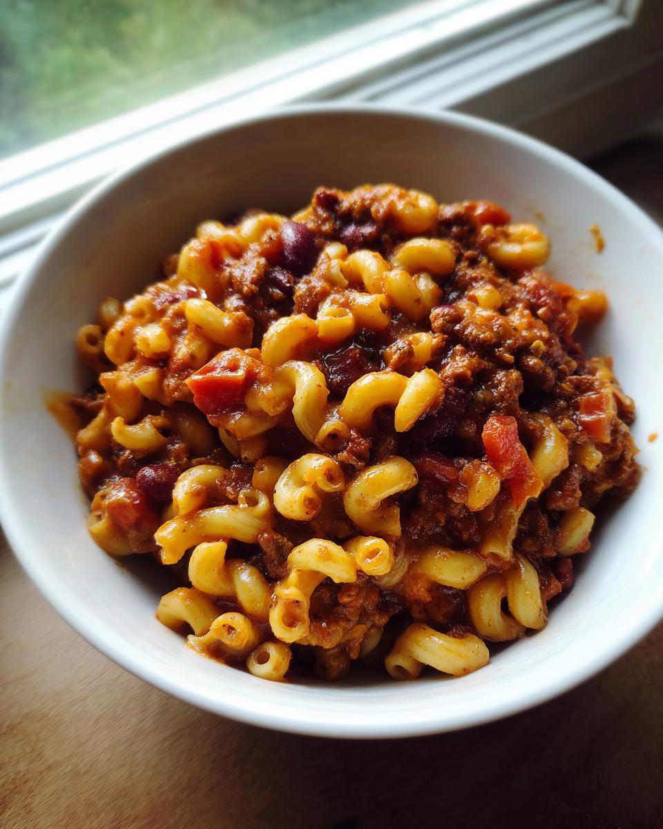 A close-up of a white bowl filled with creamy One Pot Chili Mac And Cheese featuring elbow macaroni and ground meat chili.