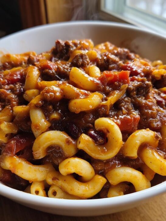 A close-up of a white bowl filled with steaming One Pot Chili Mac And Cheese, featuring elbow macaroni in a rich, meaty sauce.