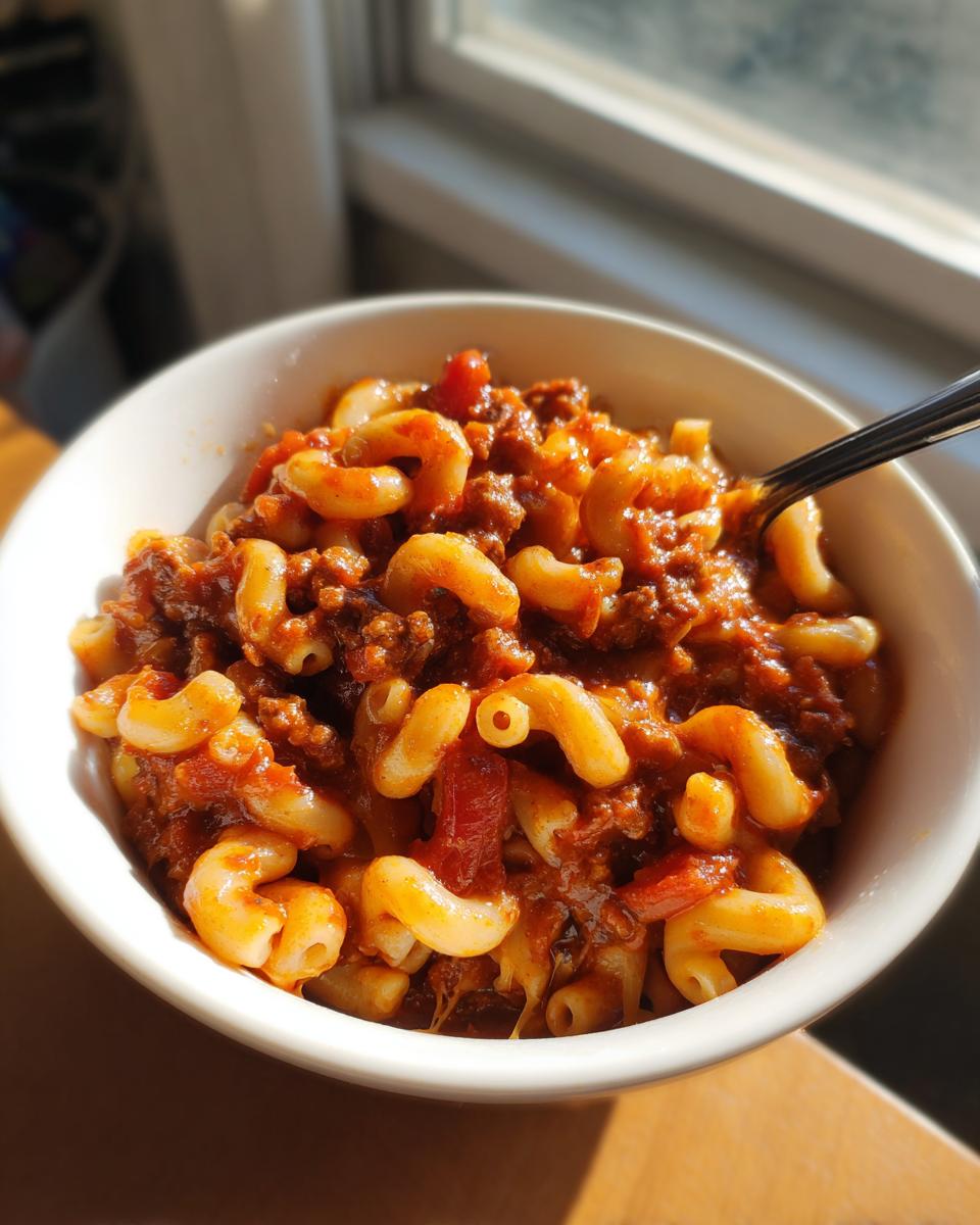 Close-up of a white bowl filled with One Pot Chili Mac And Cheese, featuring elbow macaroni and a rich, meaty sauce.