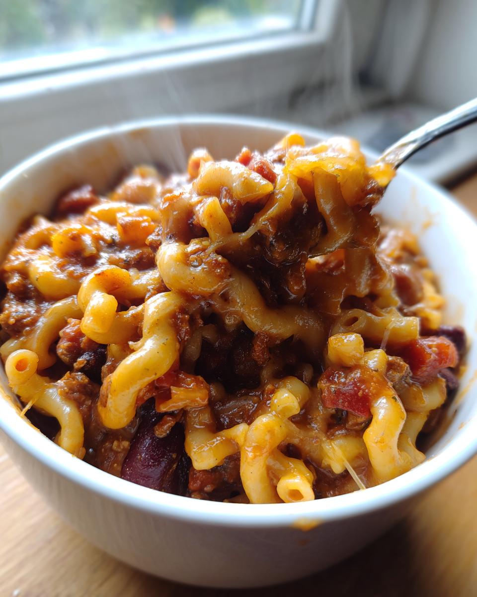 A spoonful of steaming One Pot Chili Mac And Cheese being lifted from a white bowl, showing cheesy macaroni and chili sauce.