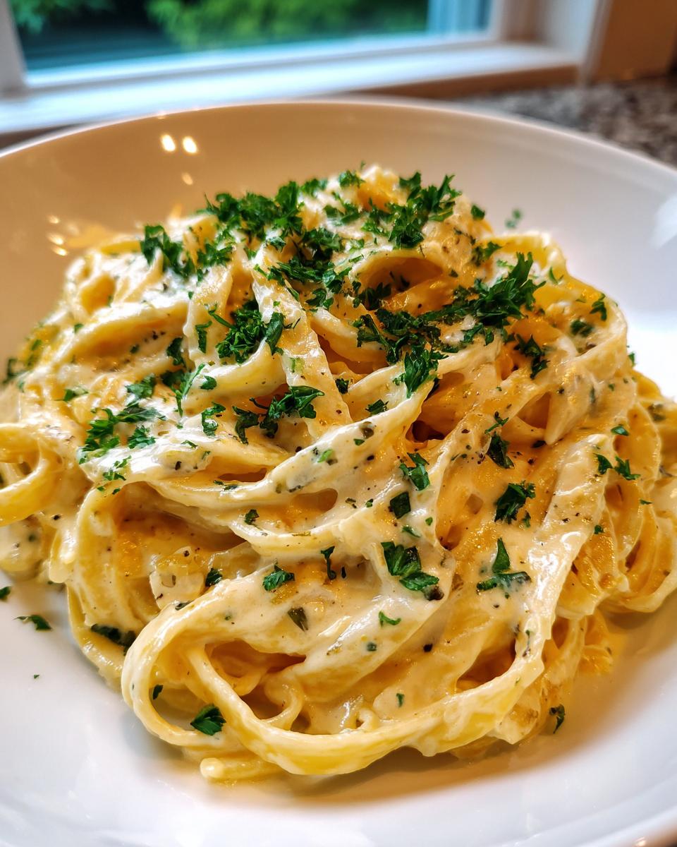 A close-up of rich, creamy fettuccine noodles coated in sauce, garnished with fresh parsley, representing the One Pot Creamy Garlic Pasta.