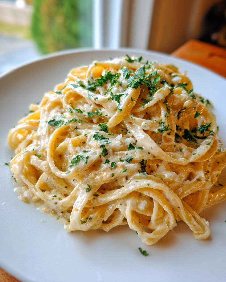 A close-up shot of a serving of One Pot Creamy Garlic Pasta, coated in a rich white sauce and topped with fresh parsley.
