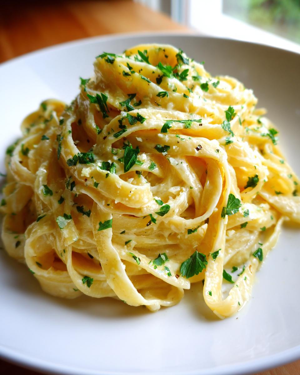 A close-up shot of rich, creamy fettuccine pasta tossed in a garlic sauce and topped with fresh parsley, representing One Pot Creamy Garlic Pasta.