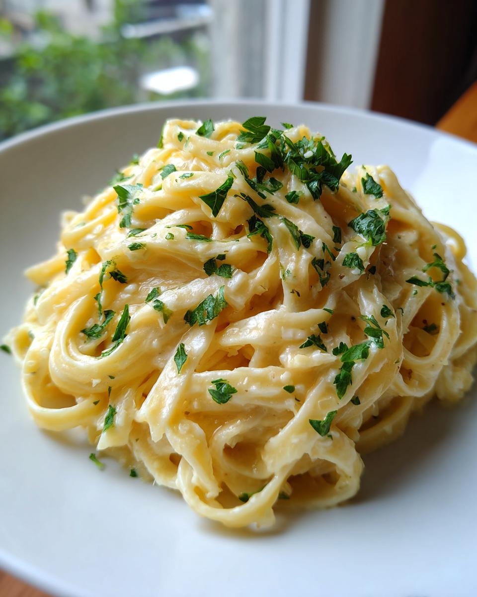 Close-up of a white bowl filled with One Pot Creamy Garlic Pasta, topped generously with fresh chopped parsley.