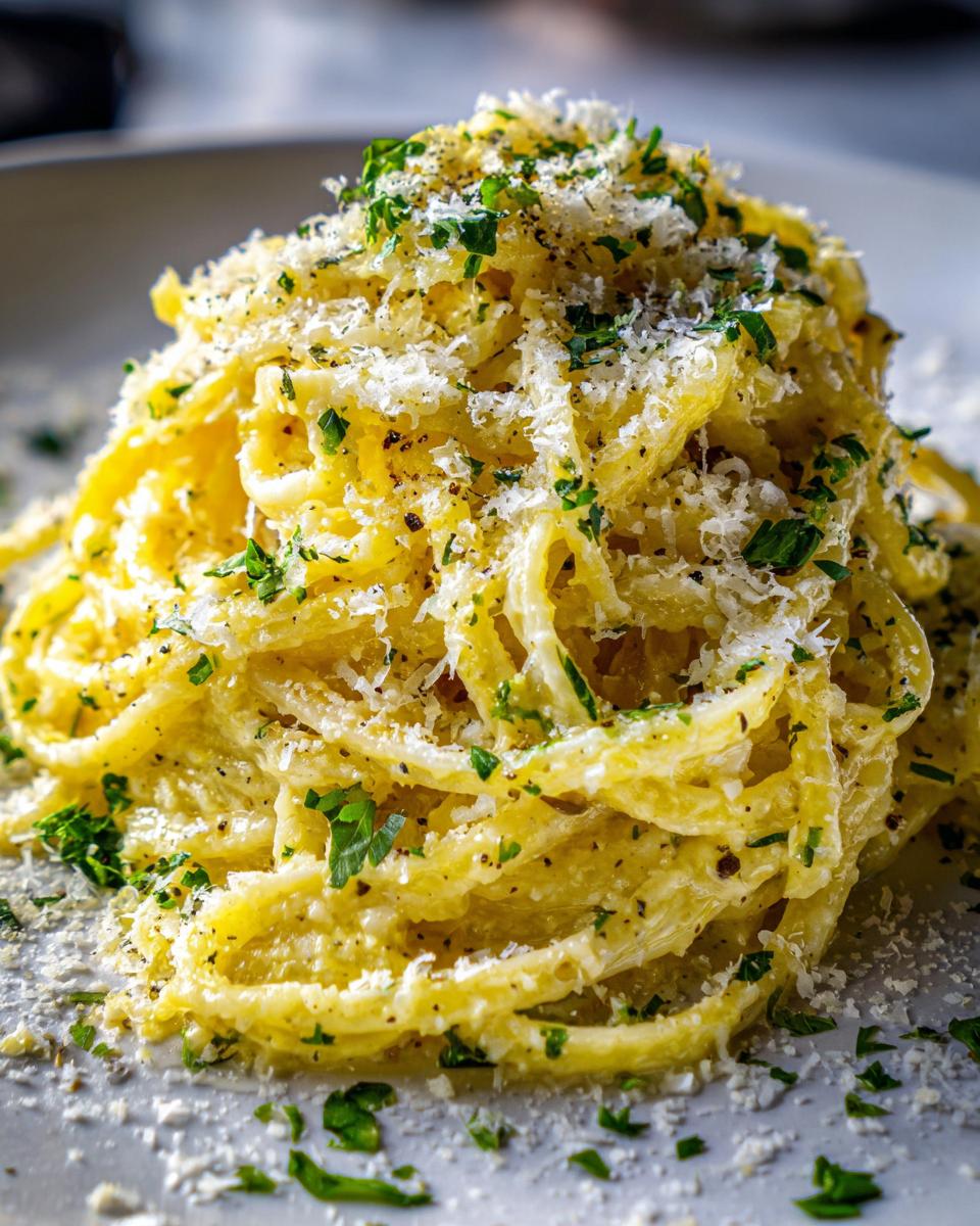 A mound of creamy One Pot Lemon Garlic Parmesan Pasta topped generously with grated Parmesan cheese and fresh parsley.