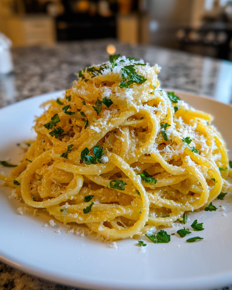 A close-up serving of creamy One Pot Lemon Garlic Parmesan Pasta topped with grated cheese and fresh parsley.