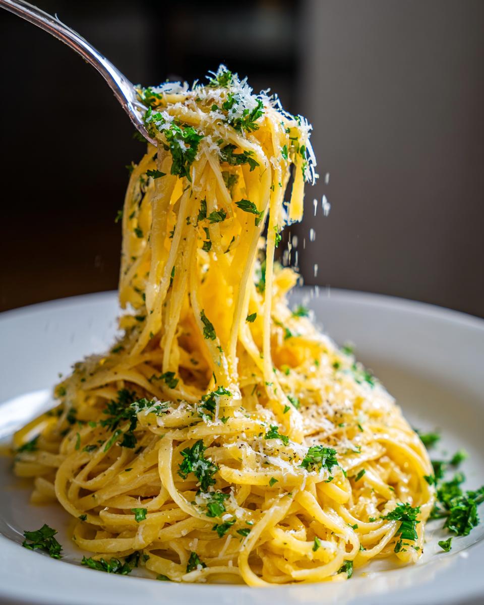 A fork lifts a twirl of One Pot Lemon Garlic Parmesan Pasta topped with fresh parsley and grated cheese.