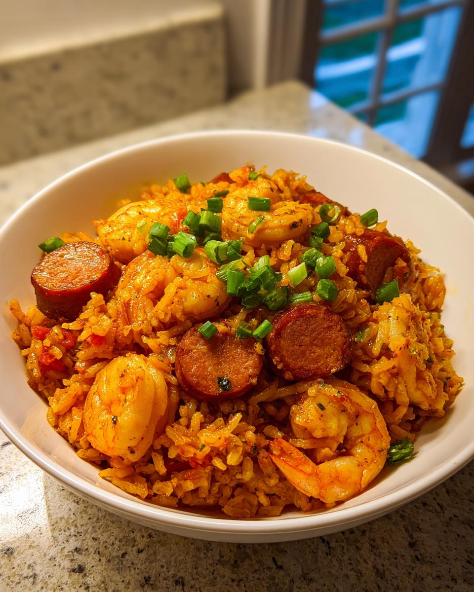 A close-up of a white bowl filled with flavorful One Pot Shrimp And Sausage Jambalaya, topped with green onions.