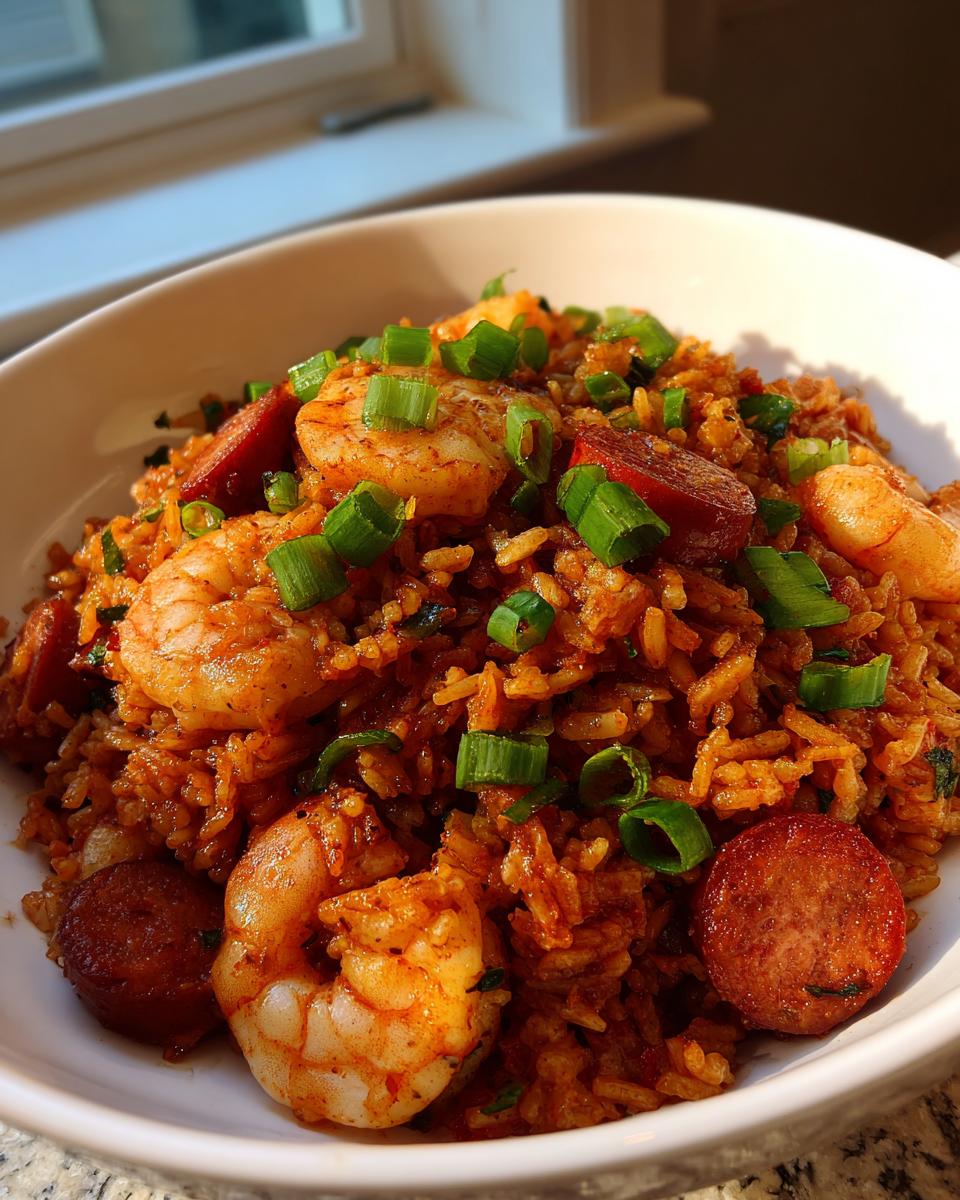 Close-up of a bowl filled with One Pot Shrimp And Sausage Jambalaya, topped with green onions.