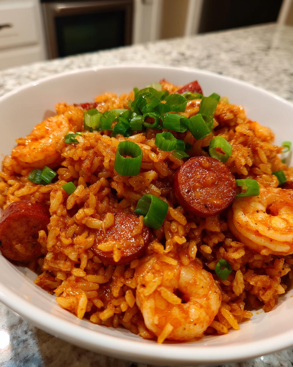 Close-up of a white bowl filled with One Pot Shrimp And Sausage Jambalaya, topped with sliced sausage and green onions.