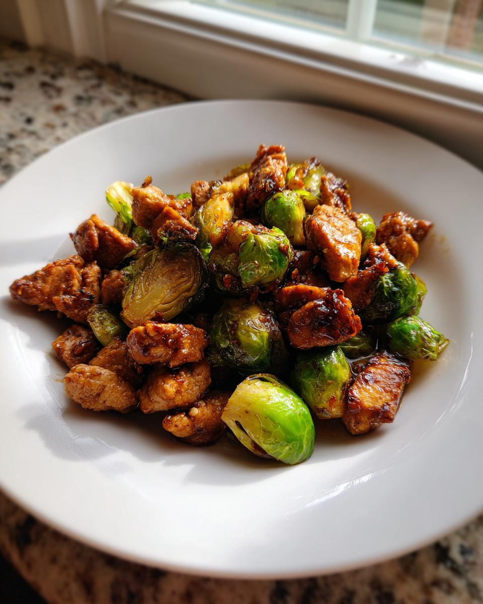Close-up of a white plate holding a serving of glazed chicken pieces mixed with roasted Peeled Brussels Sprout With Chicken.
