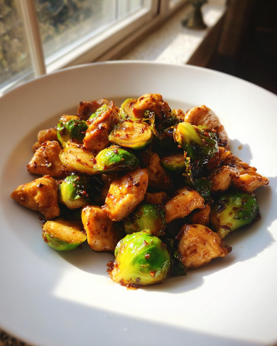 Close-up of a white plate featuring Peeled Brussels Sprout With Chicken coated in a savory glaze, backlit by sunlight.